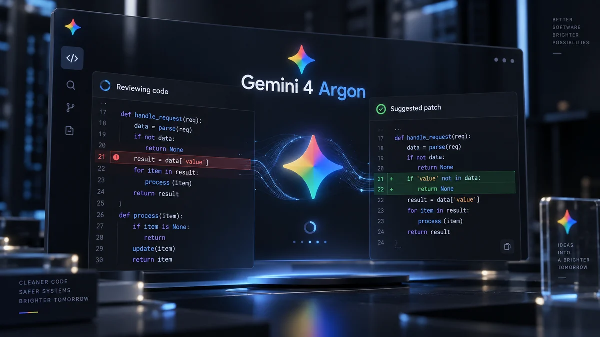 AI 생성 이미지: Gemini 4 Argon이 코드의 문제 부분과 수정안을 다루는 개념 장면