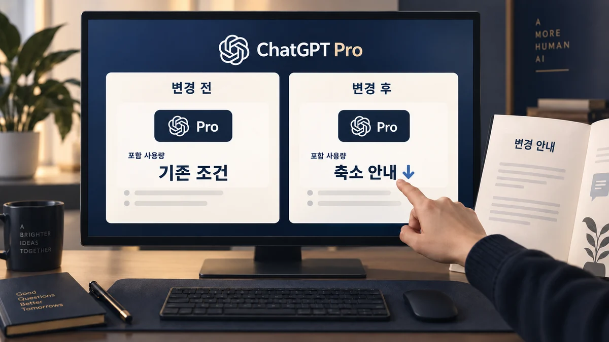 AI 생성 이미지: ChatGPT Pro의 변경 전 조건과 포함 사용량 축소 안내를 비교하는 개념 장면