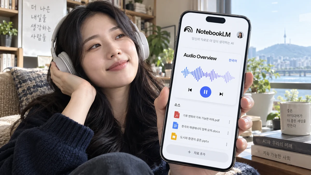 AI 생성 이미지: NotebookLM의 한국어 오디오 오버뷰를 재생하는 개념 장면