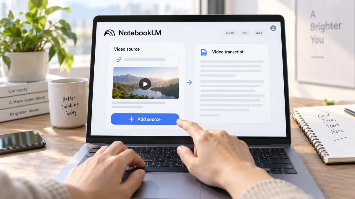 AI 생성 이미지: NotebookLM에 영상 소스를 추가하고 전사문을 살피는 개념 장면